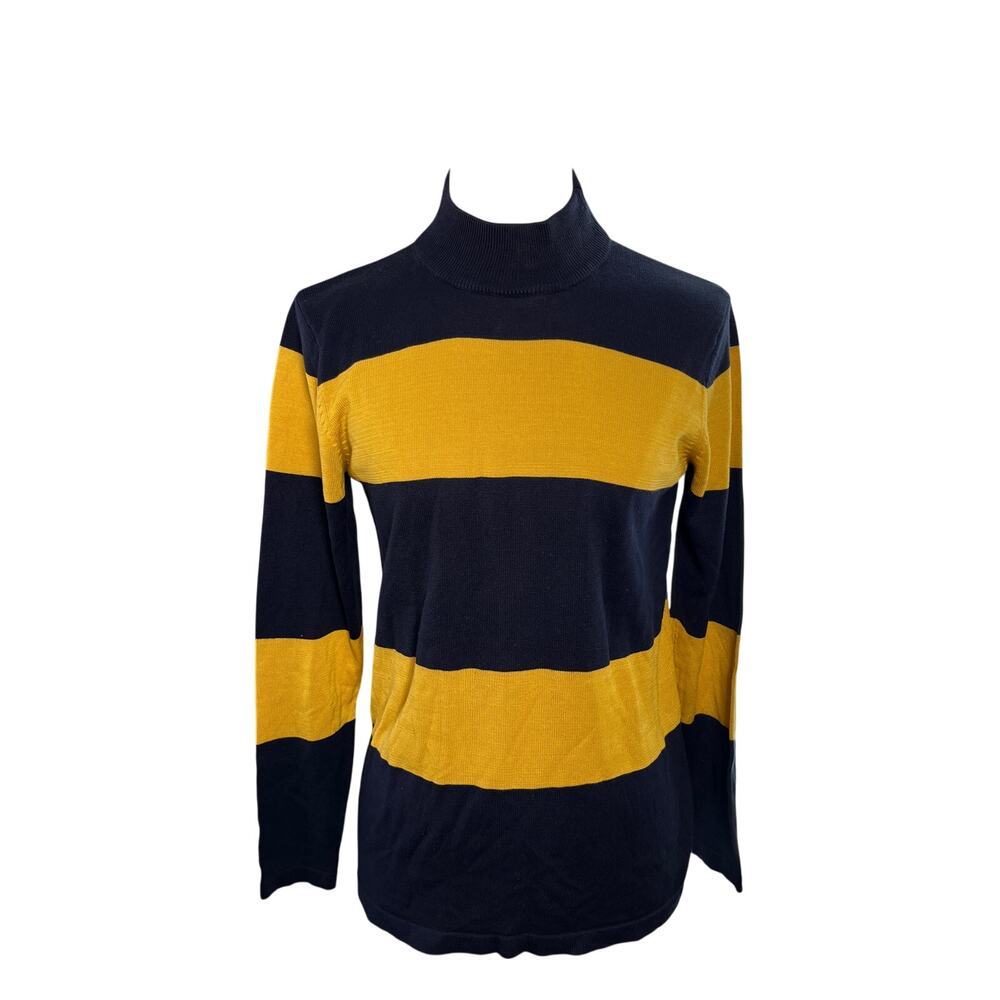 August Silk Sweater Small Navy Yellow Stripe Mock Neck Pullover Long Sleeve‎